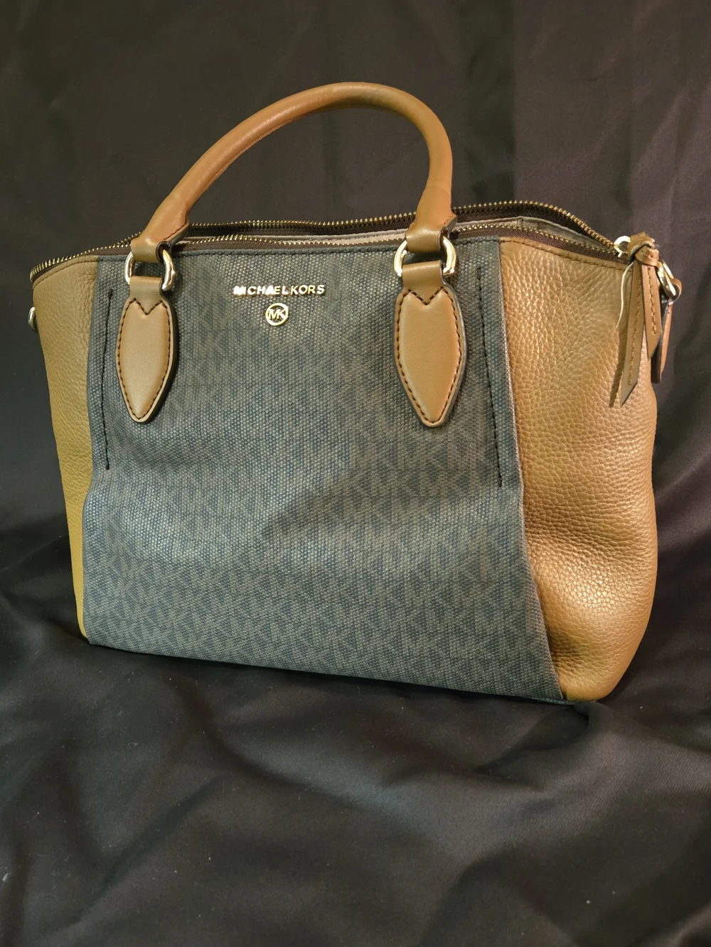 Michael Kors Tan and Black Signature Satchel with Gold Hardware
